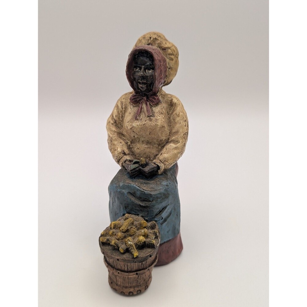Vintage 5" African American Folk Art Woman Figurine Bonnet Basket Hand Painted